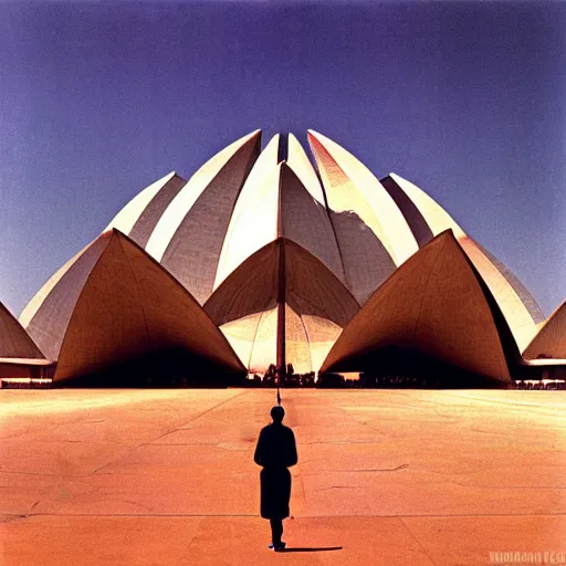 Image similar to interior of a futuristic lotus temple with gold, red and white marble panels, in the desert, by buckminster fuller and syd mead, intricate contemporary architecture, photo journalism, photography, cinematic, national geographic photoshoot