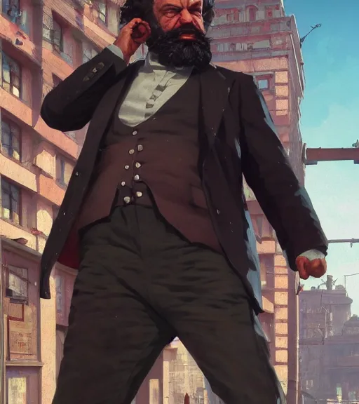 Image similar to highly detailed portrait karl marx as buff gangsters holding gums in gta v, stephen bliss, unreal engine, fantasy art by greg rutkowski, loish, rhads, ferdinand knab, makoto shinkai and lois van baarle, ilya kuvshinov, rossdraws, tom bagshaw, global illumination, radiant light, detailed and intricate environment