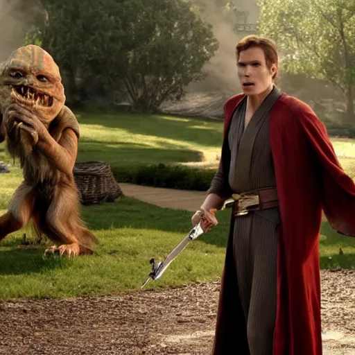 Prompt: Live Action Still of Jerma in Revenge of the Sith, real life, hyperrealistic, ultra realistic, realistic, highly detailed, epic, HD quality, 8k resolution, body and headshot, film still