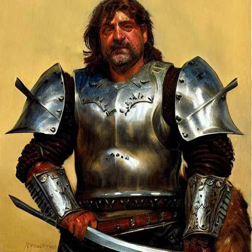 Image similar to portrait of john goodman wearing armor and holding sword by frank fazetta, fantasy, barbarian