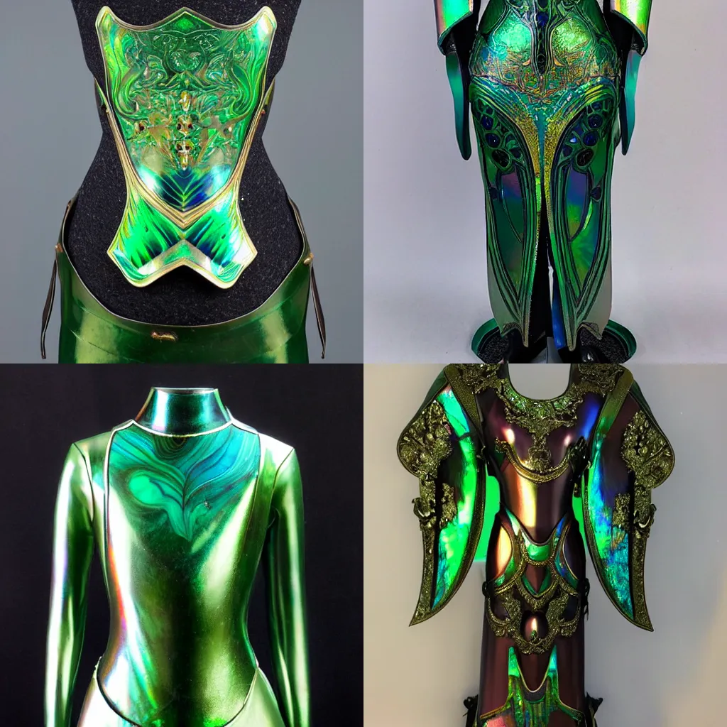 Prompt: iridescent, green mother of pearl and malachite art nouveau style female armor