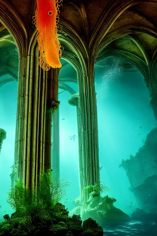 Prompt: high quality photo of cinematic underwater dystopian neo - gothic cathedral ruins with giant luminescent colorful aquatic plants and jellyfish, digital art masterpiece, aykut aydogdu eric zener, dramatic volumetric light, long shot, ground angle uhd 8 k, sharp focus