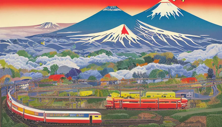 Prompt: award winning graphic design poster, cutouts constructing an contemporary art depicting a lone mount fuji and hills, rural splendor, and bullet train, isolated on white, and bountiful crafts, local foods, edgy and eccentric mixed media painting by Leslie David and Lisa Frank for juxtapose magazine