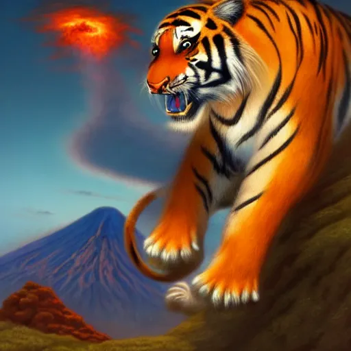 Prompt: tiger running from a volcano by justin gerard, deviantart