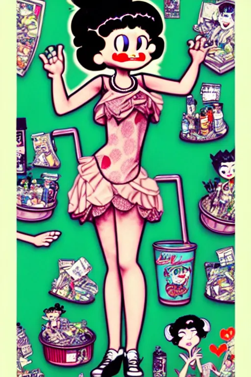 Prompt: full view, from a distance, of anthropomorphic trashcan who is betty boop from 1 9 3 0, full of trash, style of yoshii chie and hikari shimoda and martine johanna, highly detailed