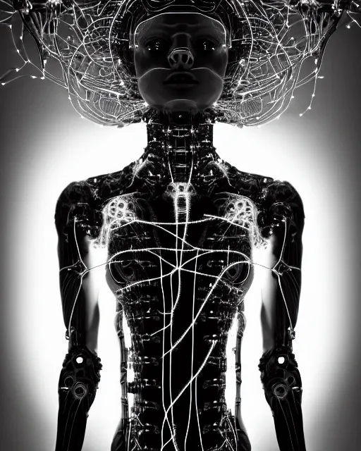 Image similar to black and white cyborg - plant goddess high quality photo, microchip, artificial intelligence, bio - mechanical bio - luminescence, black wired cables, neurons, nerve cells, cinematic, rim light, photo - realistic, high detail, 8 k, masterpiece, high fashion, in the style of steven meisel dora maar h. g. giger