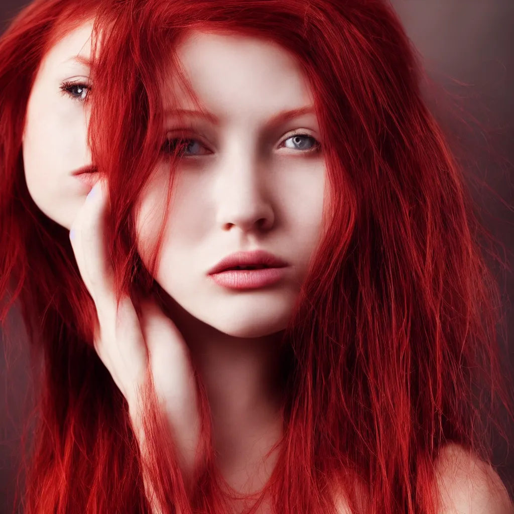 Prompt: Close-up portrait photo of a beautiful girl with red hair , dramatic light, dark background, high quality