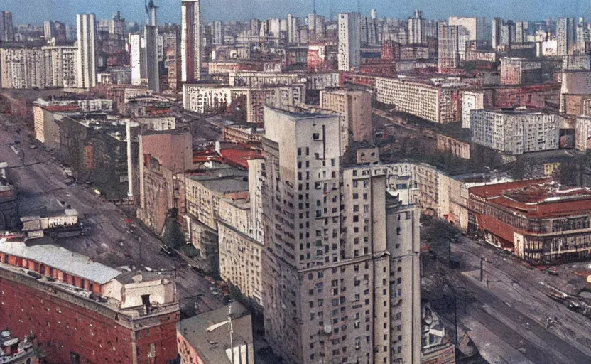 Image similar to high quality 2000s historic footage of soviet boulevard with stanilist style high rise and pedestrians, color aerial photo drone, Cinestill 800t, heavy grainy picture, very detailed, high quality, 4k panoramic