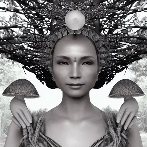 Image similar to mushroom goddess with extremely elegant headdress with group of elders in a ceremony for plant medicine, beautiful, hiroya oku, yoshitaka amano, alex grey, black and white, beautiful lighting, cinematic still, perfect render, 3 d render, unreal engine, 8 k