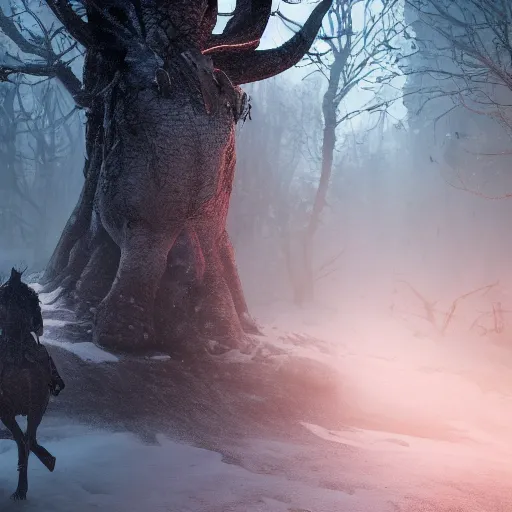 Prompt: the wild hunt, spectres riding in the sky, wraiths of morhogg, bad omen, enchanted forest, blizzard storm, fog, full moon, snowy environment, in the style of the witcher series, hyperrealism, breathtaking, award winning, groundbreaking, octane render, unreal 5, intricate digital art, 8 k high resolution