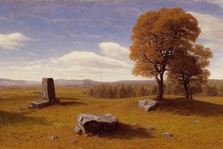 Image similar to runestone on a field with trees in the distance, runic inscription, ancient writing, megalithic, monument, nature, hills, focused, centered, very detailed, norse, history, oil painting, Albert Bierstadt, Theodor Kittelsen, Hermann Hendrich