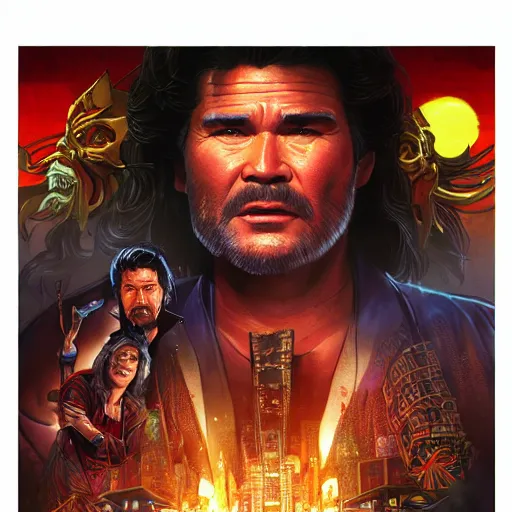 Image similar to big trouble in little china, movie poster, kurt russel, intricate, detailed, volumetric lighting, scenery, digital painting, highly detailed, artstation, sharp focus, illustration, artstation, art by artgerm and greg rutkowski and alphonse mucha