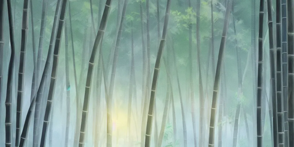 Image similar to misty japanese bamboo forest, cell shaded, lake, waterfall!!!!!, large rocky mountain, rule of thirds, sunny, cartoony, drawing, stylized anime, sun rays, soft, by hayao miyazaki, ghibli studio, makoto shinkai, toei animation, studio trigger, trending on artstation, 4 k, hd