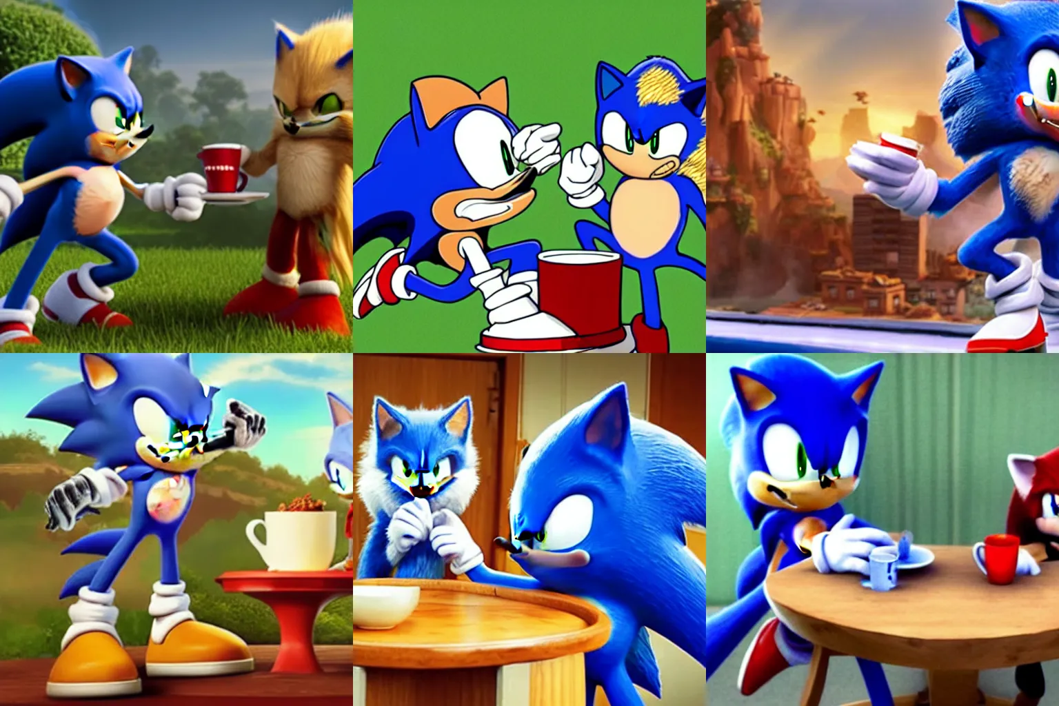 Prompt: Movie sonic having tea with Rengar from League of Legends.