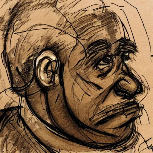 Prompt: a realistic yet scraggly portrait sketch of the side profile of a stern and sophisticated the demoman, trending on artstation, intricate details, in the style of frank auerbach, in the style of sergio aragones, in the style of martin ansin, in the style of david aja, in the style of mattias adolfsson