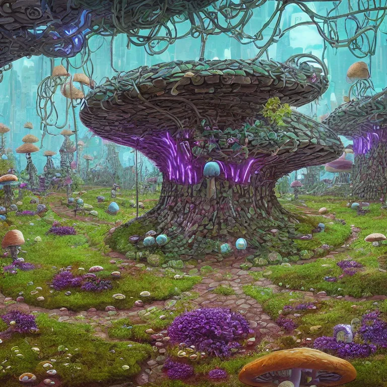 Prompt: a circle portal structure built out of mushrooms and plants, with a stone pathway leading to a circle portal, inter - dimensional, cyberpunk, epic surrealism, indigo, purple, cyan, detailed digital matte painting in the style of simon stalenhag and greg hildebrandt artstation