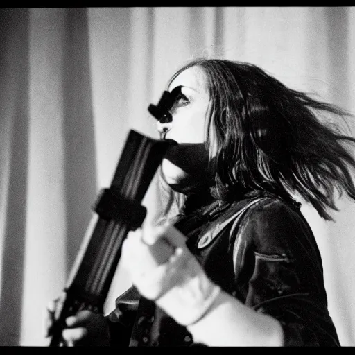 Prompt: Rachel Goswell wielding a battleaxe, 35mm film