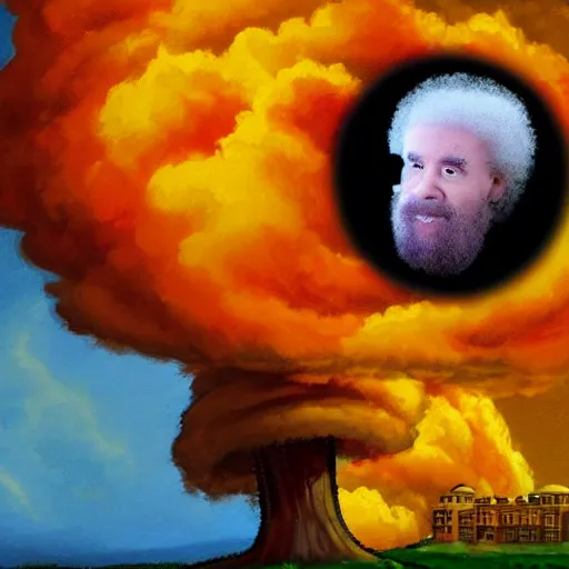 Image similar to nuclear mushroom cloud in shape of bob ross