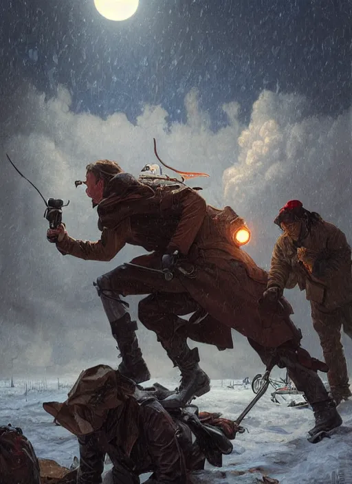 Image similar to giant steve buscemi attacking an encampment during a blizzard, highly detailed, digital illustration, artstation, concept art, matte, sharp focus, illustration, dramatic, full moon, art by artgerm and greg rutkowski and alphonse mucha