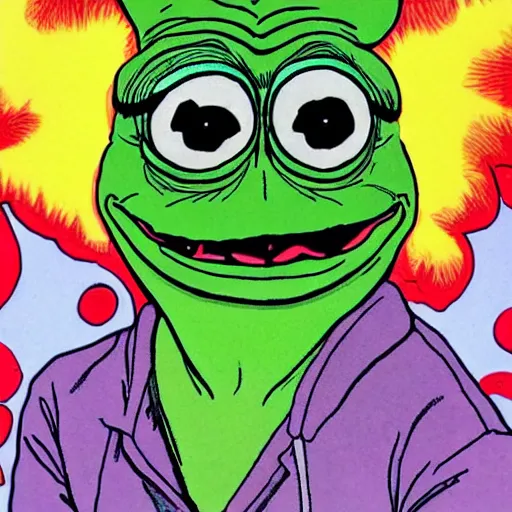 Image similar to pepe the frog by glenn fabry, iridescent - h 6 4 0