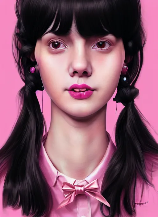 Image similar to portrait of high school girl, realistic, black hair, bangs, half updo hairstyle, pointy nose, skinny, smile, ugly, defined jawline, big chin, pink hair bow, earrings, intricate, elegant, glowing lights, highly detailed, digital painting, artstation, sharp focus, illustration, art by wlop, mars ravelo and greg rutkowski