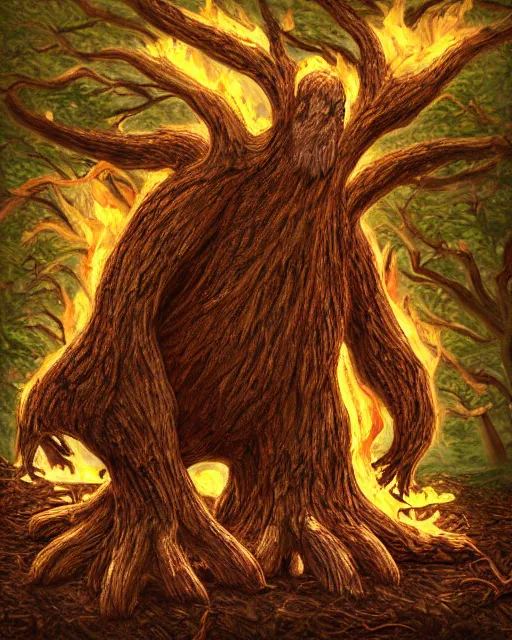 Image similar to a giant relaxed tree monster laying down in a firewood - fire, digital art, high detail