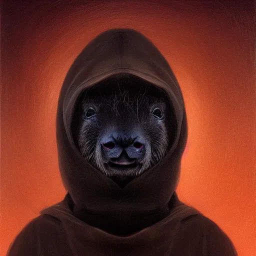 Image similar to a portrait of a baby capybara wearing a black hood, cloak covering face, anatomically correct, beautiful perfect face, enigmatic, oil painting, matte, black background, volumetric dynamic lighting, highly detailed, cinematic lighting, unreal engine, 8 k, hd, by beksinski