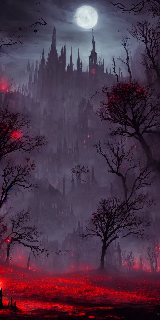 Image similar to abandoned bloodborne old valley with a person at the centre and a ruined gothic city in the background, trees and stars in the background, falling red petals, epic red - orange moonlight, perfect lightning, wallpaper illustration by niko delort and kentaro miura, 4 k, ultra realistic