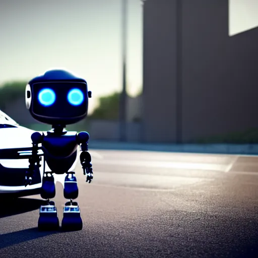 Prompt: a cute little robot in front of a car. super realistic 8 k render of a dark hooded powerful elegant, cinematic composition
