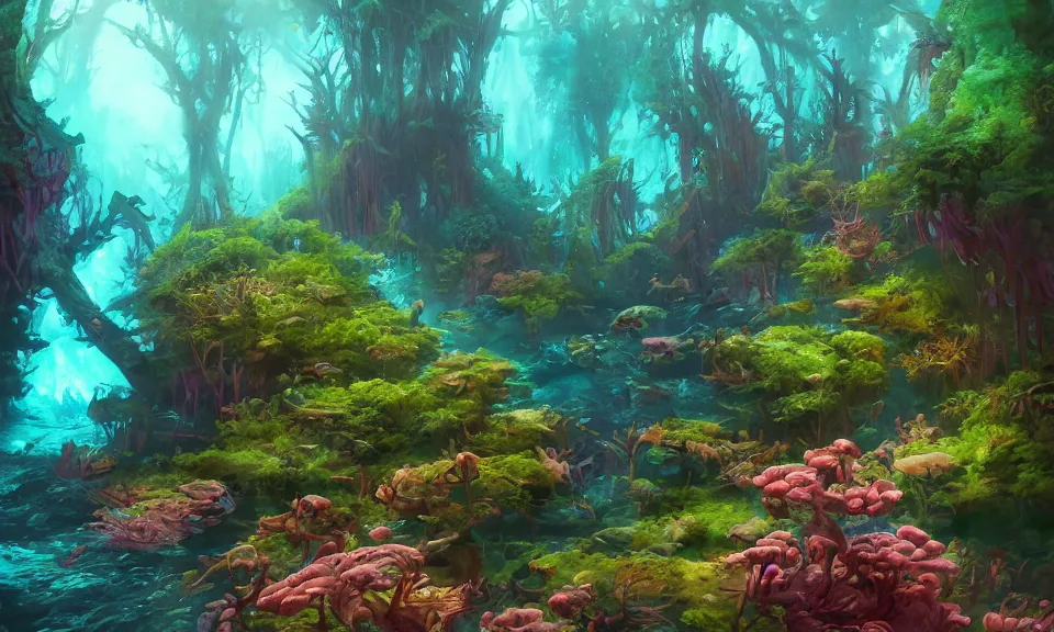 Prompt: underwater forest, digital art, concept art, magic fantasy, scenic, vibrant colors, high contrast, highly detailed, trending on artstation, 8k, andreas rocha, sylvain sarrailh, darek zabrocki, finnian macmanus, dylan cole, liang mark, albert bierstadt, sung choi, peter mohrbacher, greg rutkowski, studio ghibli