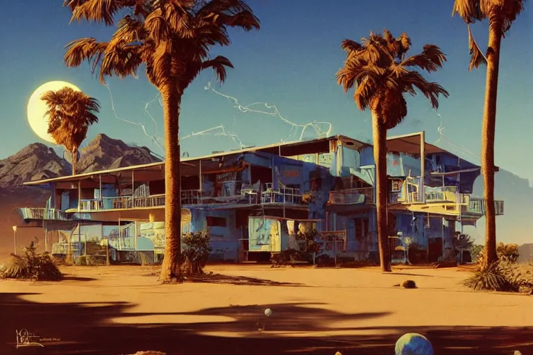 Prompt: broken robot | abandoned motel | palm trees | snowy mountains | moon in sky, painting by syd mead and weta studio and moebius and james jean and frank frazetta, highly detailed, rule of third, soft lighting, architectural magazine, beautiful detailed, insanely intricate details, artstation trending, hypermaximalistic, high details, cinematic