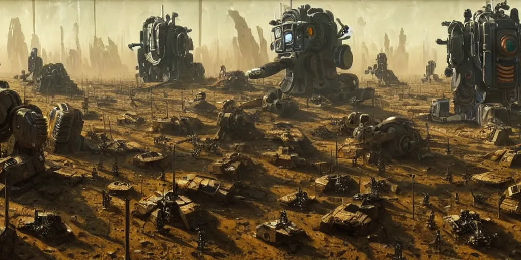 Prompt: scene from future robot war, highly detailed, painting by otto dix and greg rutkowski 8 k