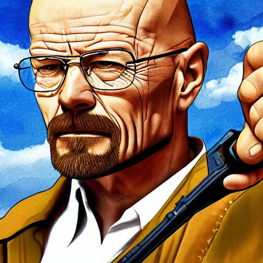 Prompt: Walter White pointing a revolver at right side, accurate anatomy, highly detailed, digital art