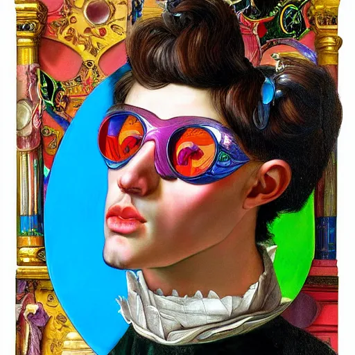 Prompt: detailed maximalist half-lenght portrait with elaborate interesting sunglasses. 8x HD mixed media 3D collage in the style of Caravaggio, hyperdetailed childbook illustration in vibrant pastel tones. colourful matte background