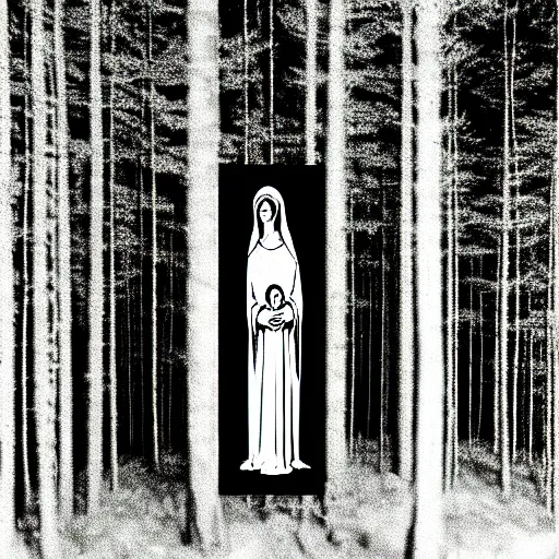 Prompt: marian apparition in forest, high contrast, found footage, vhs, 1 9 9 0, beautiful, highly realistic, highly detailed, vhs noise static, black and white, vhs glitch