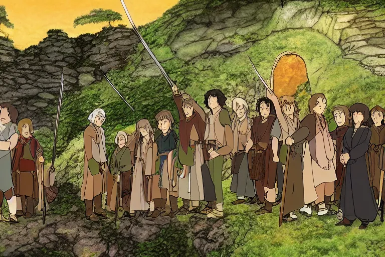 Image similar to tonemapped the fellowship of the ring!! by studio ghibli,