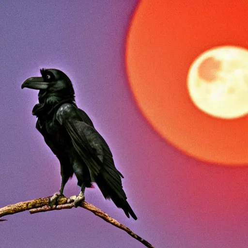 Prompt: a raven in front of a red moon