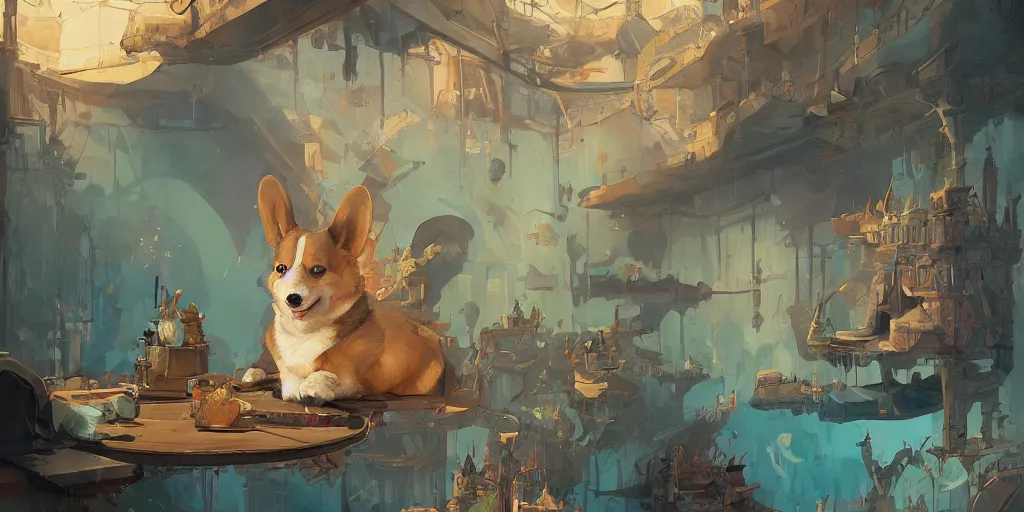 Prompt: beautiful painting of a corgi assassin king chilling in his palace, by Peter Mohrbacher, Victo Ngai, Ismail Inceoglu. trending on Artstation, 8k, masterpiece, graffiti paint, fine detail, full of color, intricate detail, golden ratio illustration