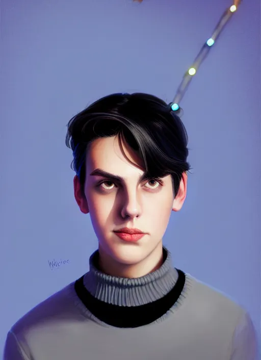 Image similar to portrait of teenage jughead jones wearing a light grey crown, crown, blue turtleneck, closed eyes, photorealistic, black hair, glowing lighting, intricate, elegant, glowing lights, highly detailed, digital painting, artstation, concept art, smooth, sharp focus, illustration, art by wlop, mars ravelo and greg rutkowski