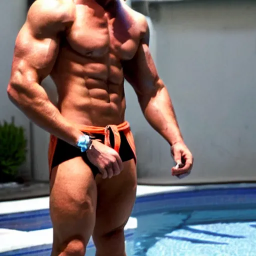 Image similar to a handsome muscular male fitness model with blonde hair, chris redfield, who is a male android, muscular, wearing a cut - off pink top and short light orange shorts, stands by a swimming pool