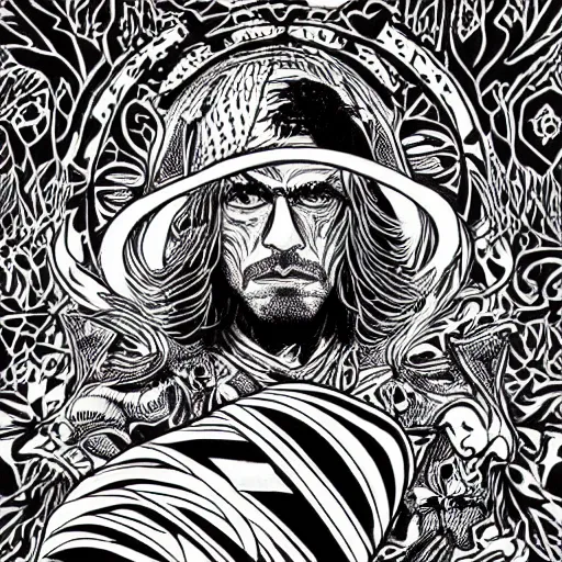 Image similar to black and white pen and ink!!!! aesthetic instagram artstation trending royal! nordic goetic Raiden x Frank Zappa golden!!!! Vagabond!!!! floating magic swordsman!!!! glides through a beautiful!!!!!!! floral!! battlefield dramatic esoteric!!!!!! pen and ink!!!!! illustrated in high detail!!!!!!!! by Junji Ito and Hiroya Oku!!!!!!!!! graphic novel published on 2049 award winning!!!! full body portrait!!!!! action exposition manga panel black and white Shonen Jump issue by David Lynch eraserhead and Frank Miller beautiful line art Hirohiko Araki