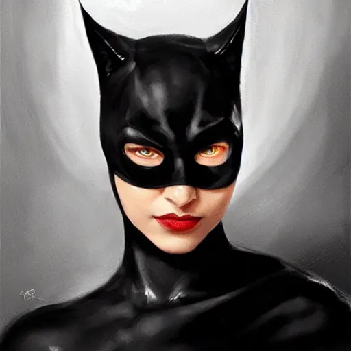 Image similar to a closeup portrait of catwoman, dramatic lighting, chiaroscuro, high detail, painted by greg rutkowski, painted by igor kieryluk, painted by bobby chiu, trending on artstation