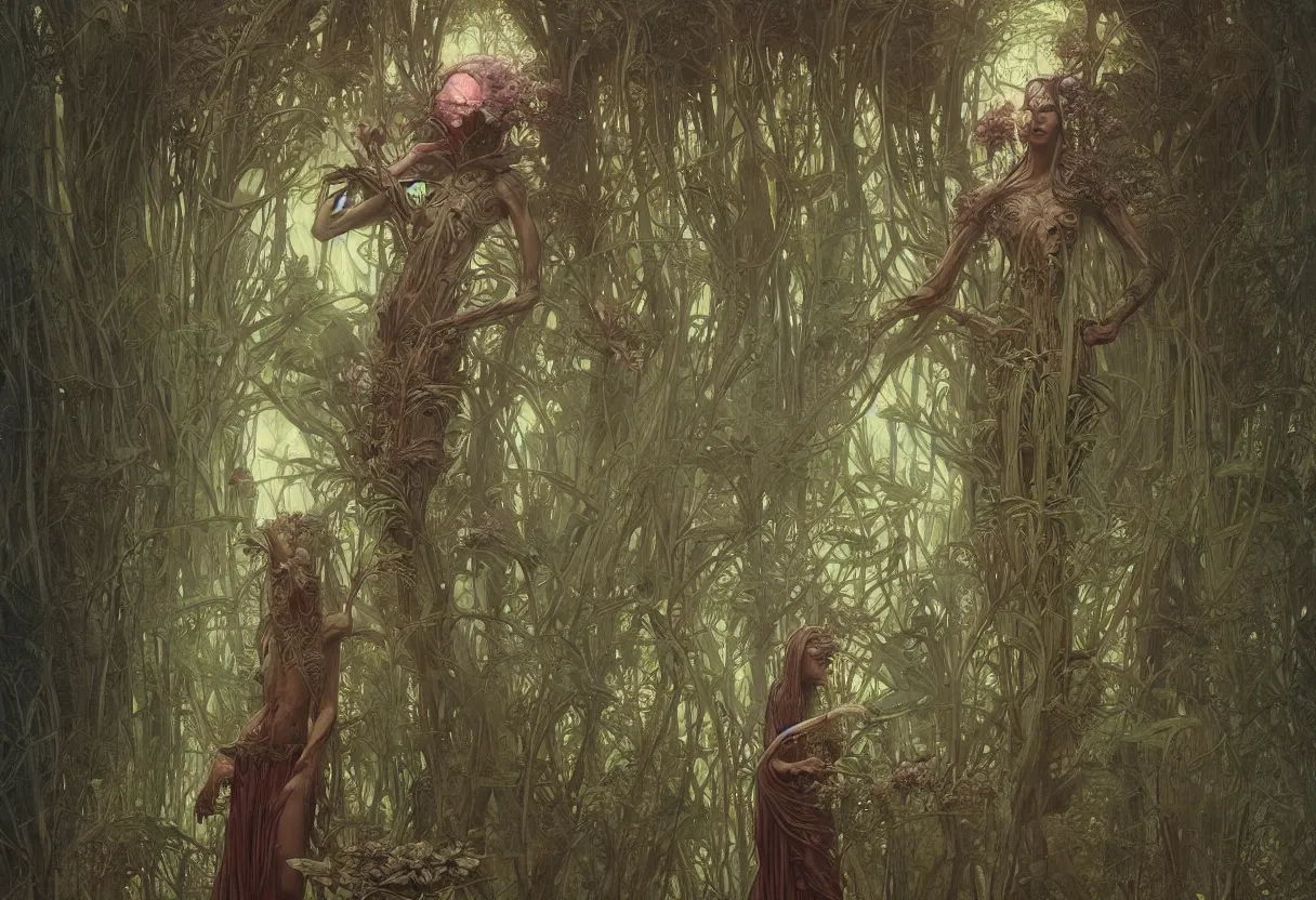 Image similar to anthropomorphic plant person, by daniel - by greg rutkowski and raymond swanland hr giger and zdzislaw beksinski and alphonse mucha and moebius, matte painting, hyperdetailed, symmetry, art nouveau, beautiful render, concept art