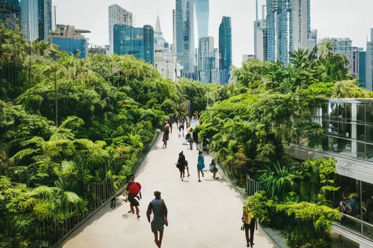 Prompt: a medium wide shot of people walking through a utopian city walkway on top of buildings, green plants