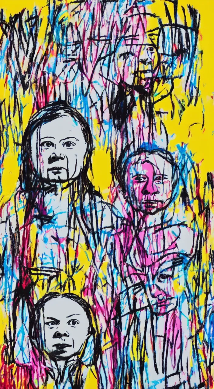 Image similar to portrait of greta thunberg. hommage to andy warhol and jean - michel basquiat by ai weiwei