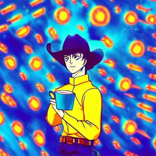 Image similar to A man drinking a cup of cosmic energy bright light by Hideaki Sorachi, 4k, digital art, surreal, anime style, cowboy Bepop, space dandy,