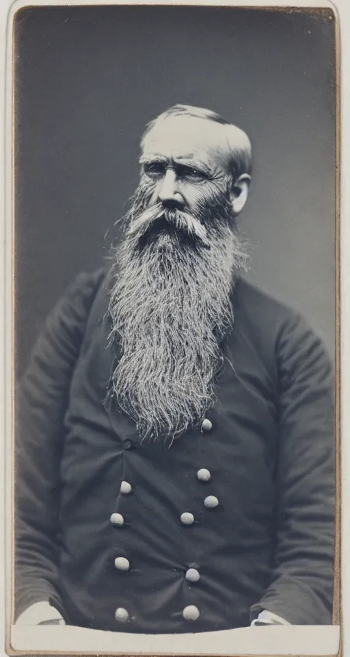 Prompt: a Albumen print photograph of a grizzled old sea captain with a walrus mustache and no beard