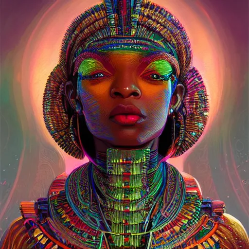 Image similar to highly detailed portrait of an african neon egyptian goddess, intricate alien technology, stephen bliss, unreal engine, fantasy art by greg rutkowski, loish, rhads, ferdinand knab, makoto shinkai and lois van baarle, ilya kuvshinov, rossdraws, tom bagshaw, global illumination, radiant light, detailed and intricate environment