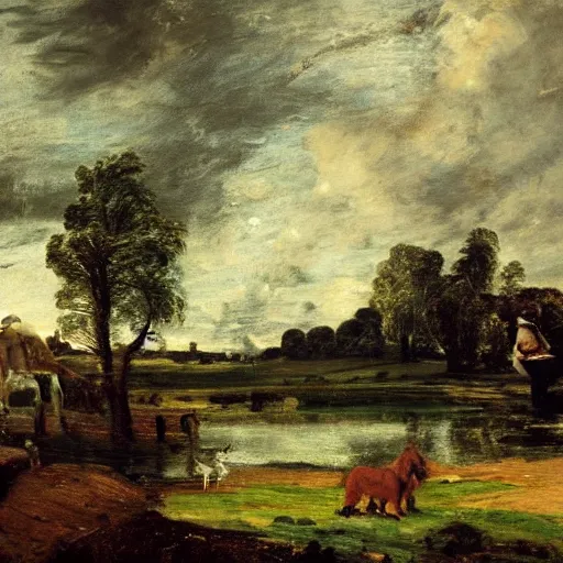 Image similar to Batman in a pastoral setting, painted by John Constable, oil on canvas