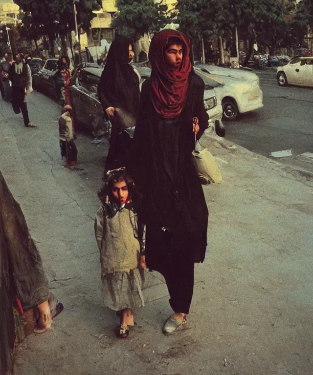 Prompt: a color photograph of persian girl in tehran's streets, by nan goldin, out of place, intense, bold, exaggerated, over proportion, painted over by andrew wyeth, hyperrealistic, ultra sharp, extra details, ultra high quality,